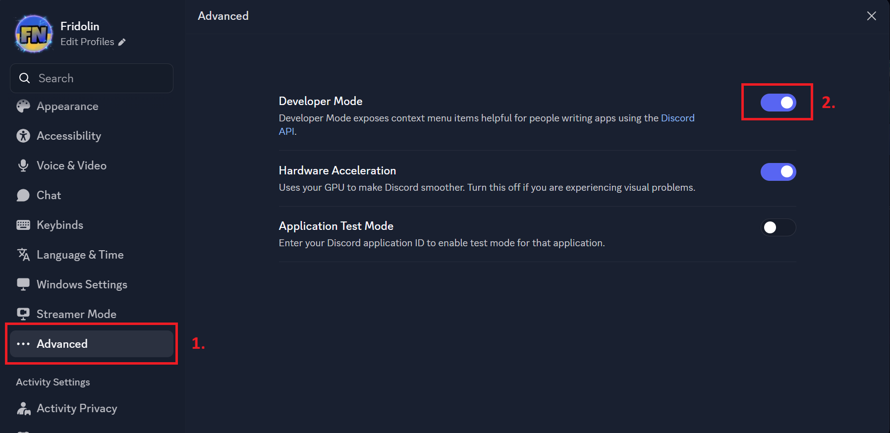 Ein Screenshot der Discord-Nutzereinstellungen Seite "Erweitert"