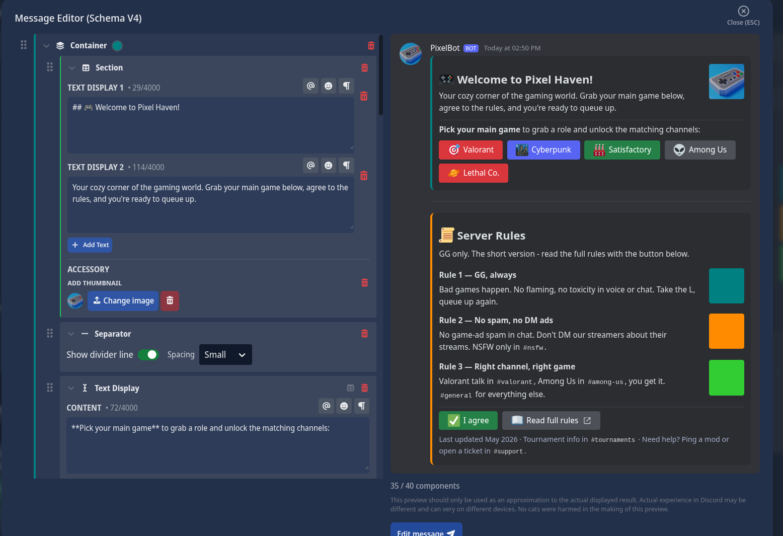 Eine Pixel-Haven-Willkommens- und Regeln-Nachricht in V4 - türkiser Willkommens-Container mit Servericon und Spiel-Rollen-Buttons, ein oranger Regeln-Container mit drei Sections (jede mit eigenem Thumbnail) und eine Action-Row mit „Ich stimme zu" / „Vollständige Regeln lesen"
