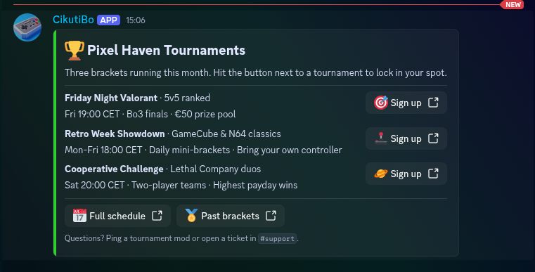 A "Pixel Haven Tournaments" card with three tournament sections, each showing the bracket name, schedule, and a green "Sign up" button as the section accessory